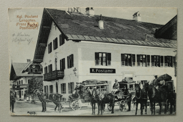 AK Lenggries / 1914 / Kgl Postamt / Franz Fuchs Posthalter / Pferdekutschen / Strassenansicht / Postkutsche